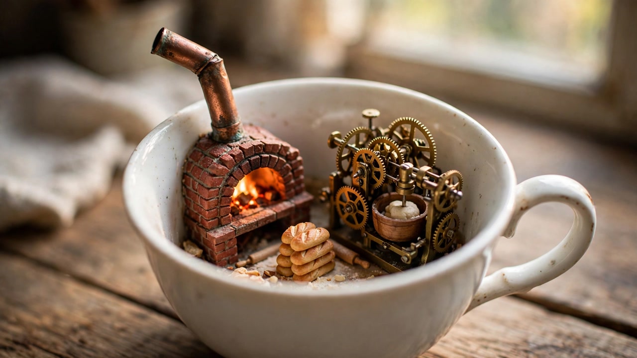 A clockwork bakery in a teacup, with sound, for 32 cents of Nano: Nanoodle's tiny-world-film